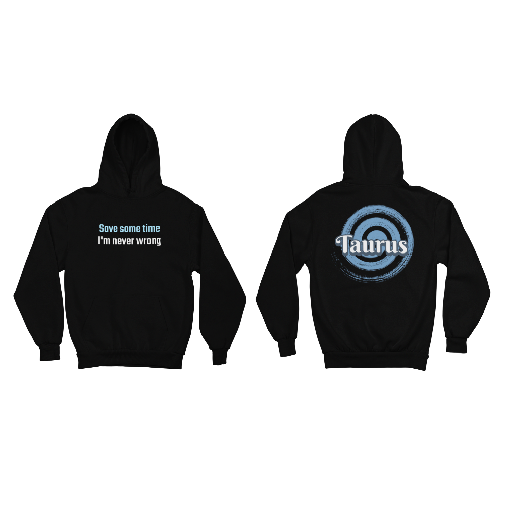 Black hoodie with text and symbol on front and back, on a white background