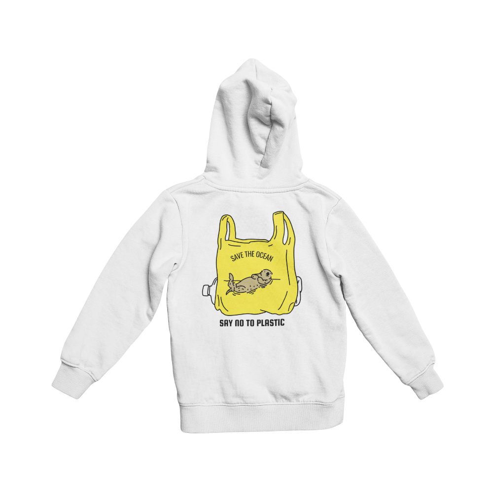 Áo thun, hoodie, sweater in hình hải cẩu mắc kẹt trong túi nilon vàng kèm chữ “Say No To Plastic – Save The Ocean”