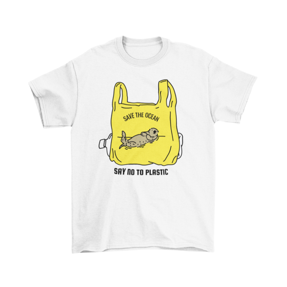 Áo thun, hoodie, sweater in hình hải cẩu mắc kẹt trong túi nilon vàng kèm chữ “Say No To Plastic – Save The Ocean”