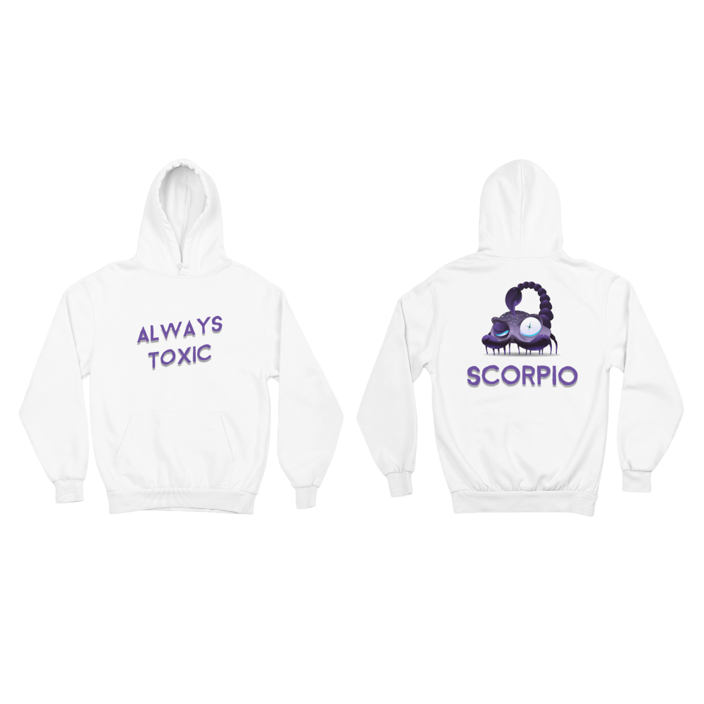 Áo hoodie và áo thun cung Bọ Cạp màu trắng in chữ “Always Toxic” và hình bọ cạp độc lạ.