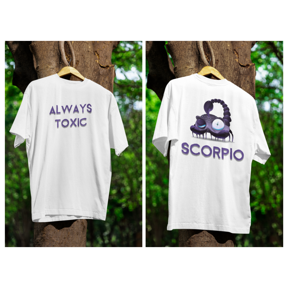 Áo hoodie và áo thun cung Bọ Cạp màu trắng in chữ “Always Toxic” và hình bọ cạp độc lạ.