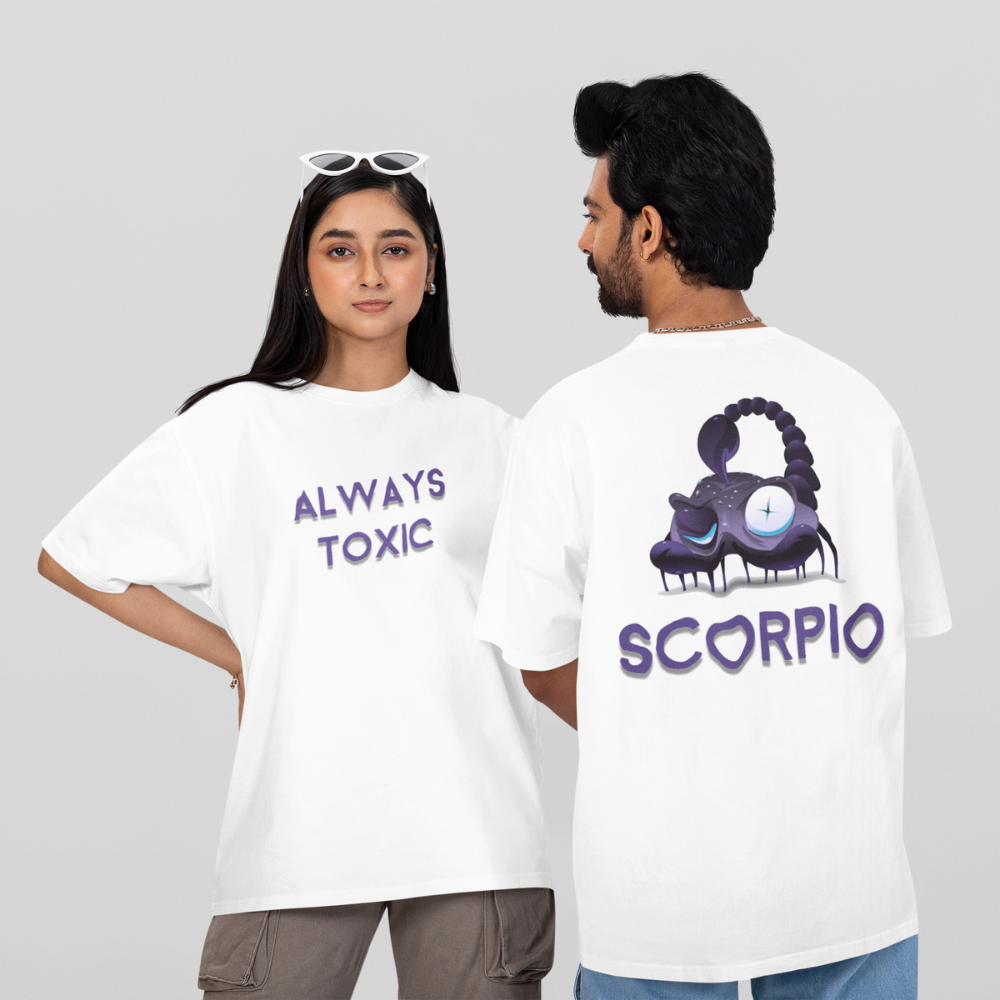 Two people wearing white t-shirts with text and graphics, one facing forward and the other showing the back.