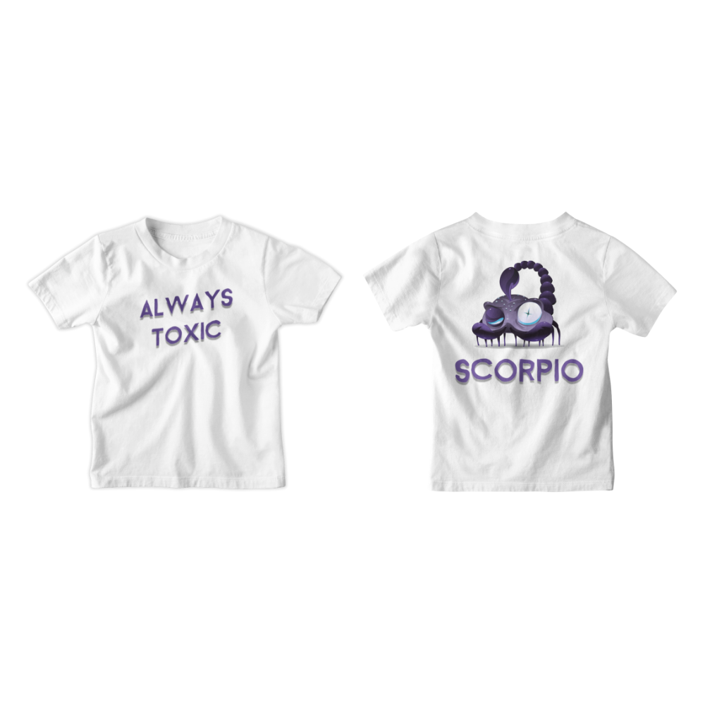 Áo hoodie và áo thun cung Bọ Cạp màu trắng in chữ “Always Toxic” và hình bọ cạp độc lạ.