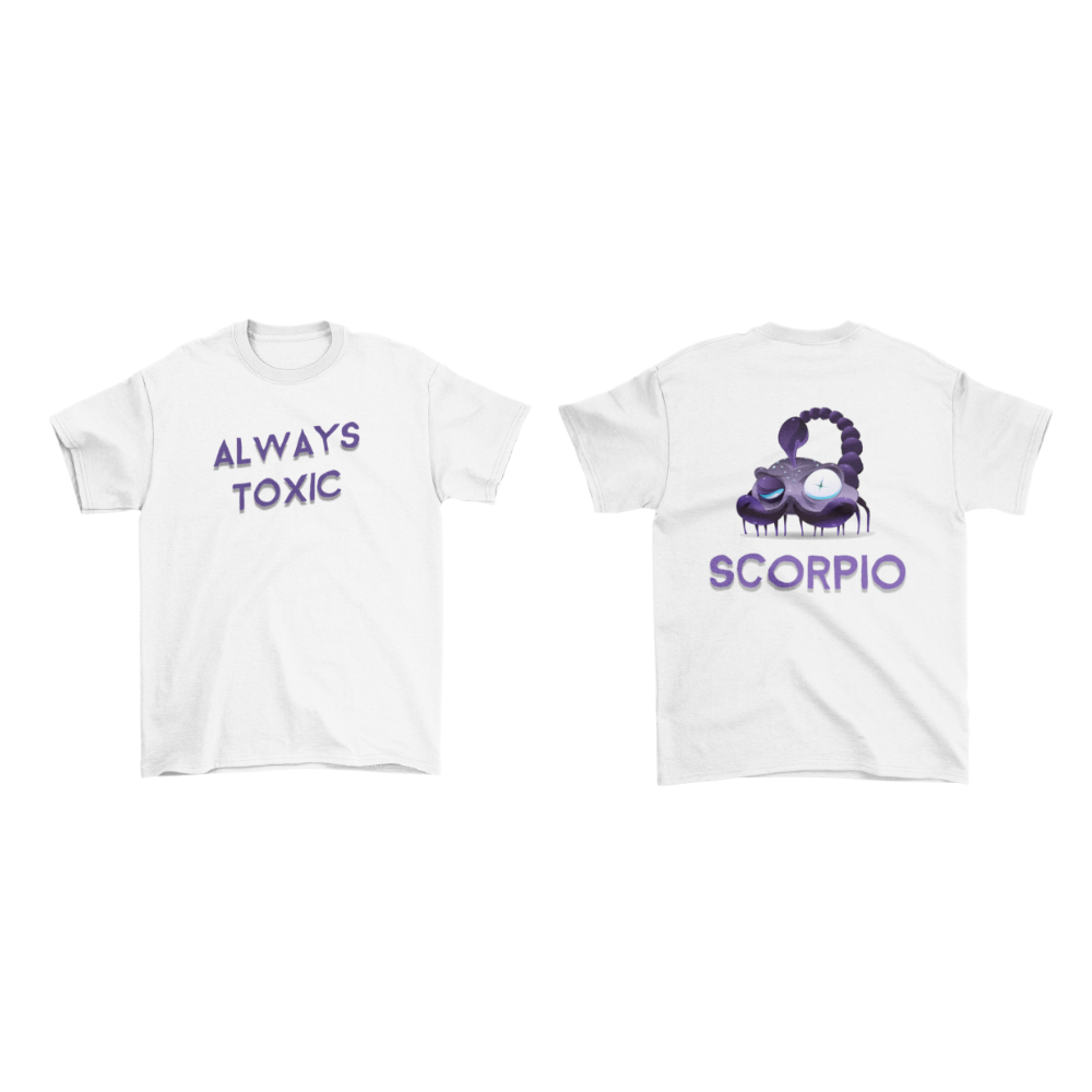 Áo hoodie và áo thun cung Bọ Cạp màu trắng in chữ “Always Toxic” và hình bọ cạp độc lạ.