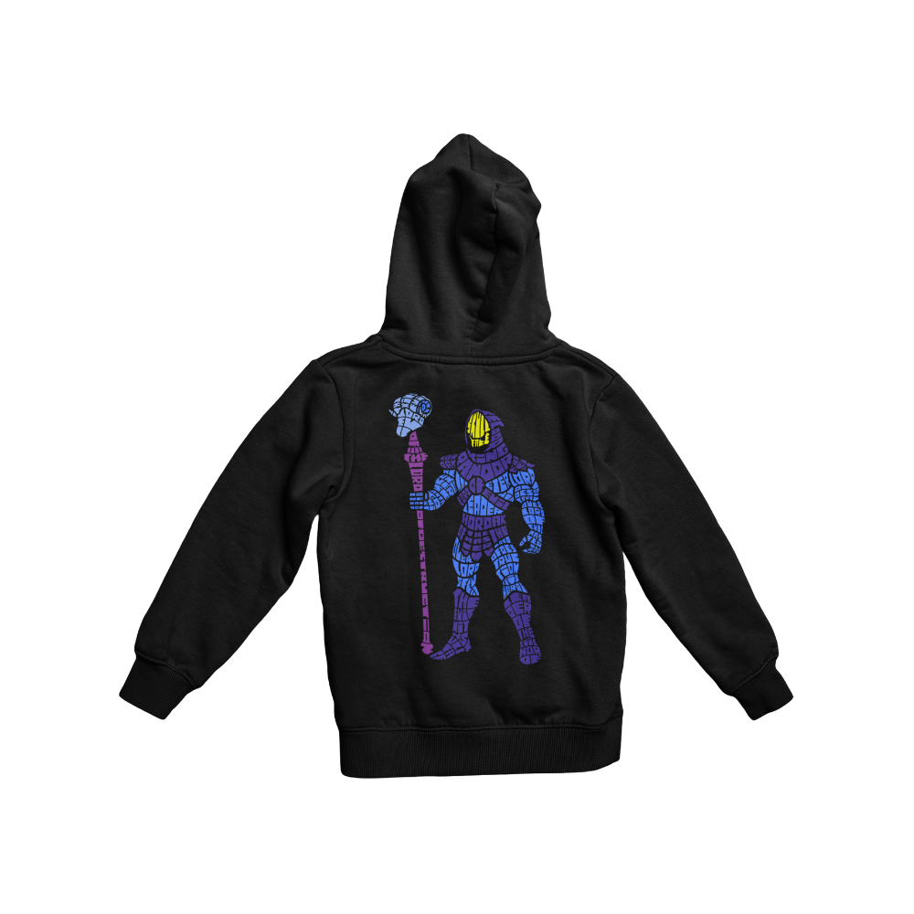Áo thun in hình Skeletor phong cách typography màu tím xanh, cầm quyền trượng, tạo hình cool ngầu