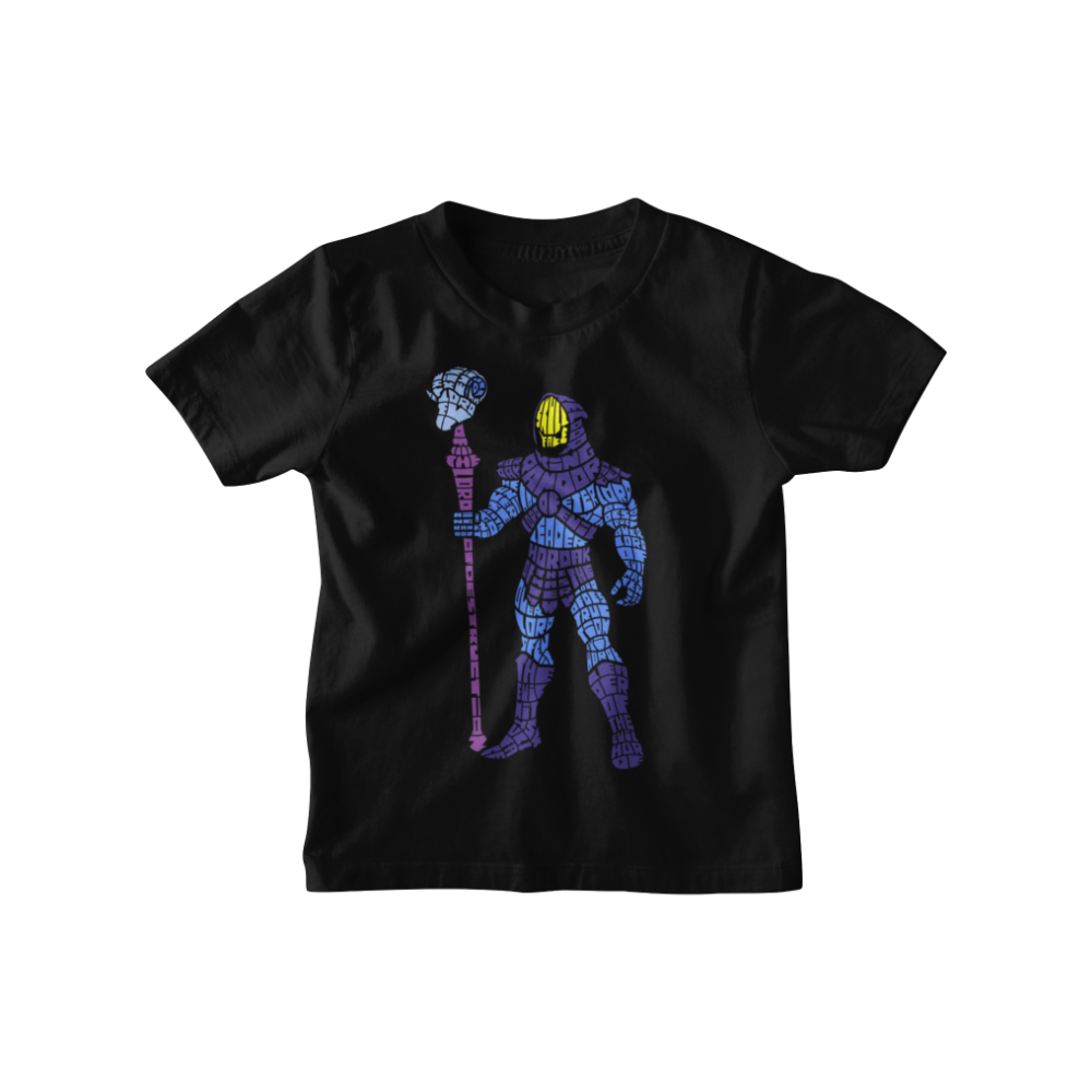 Áo thun in hình Skeletor phong cách typography màu tím xanh, cầm quyền trượng, tạo hình cool ngầu