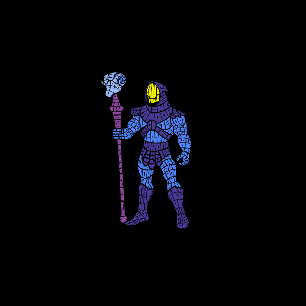 Áo thun in hình Skeletor phong cách typography màu tím xanh, cầm quyền trượng, tạo hình cool ngầu