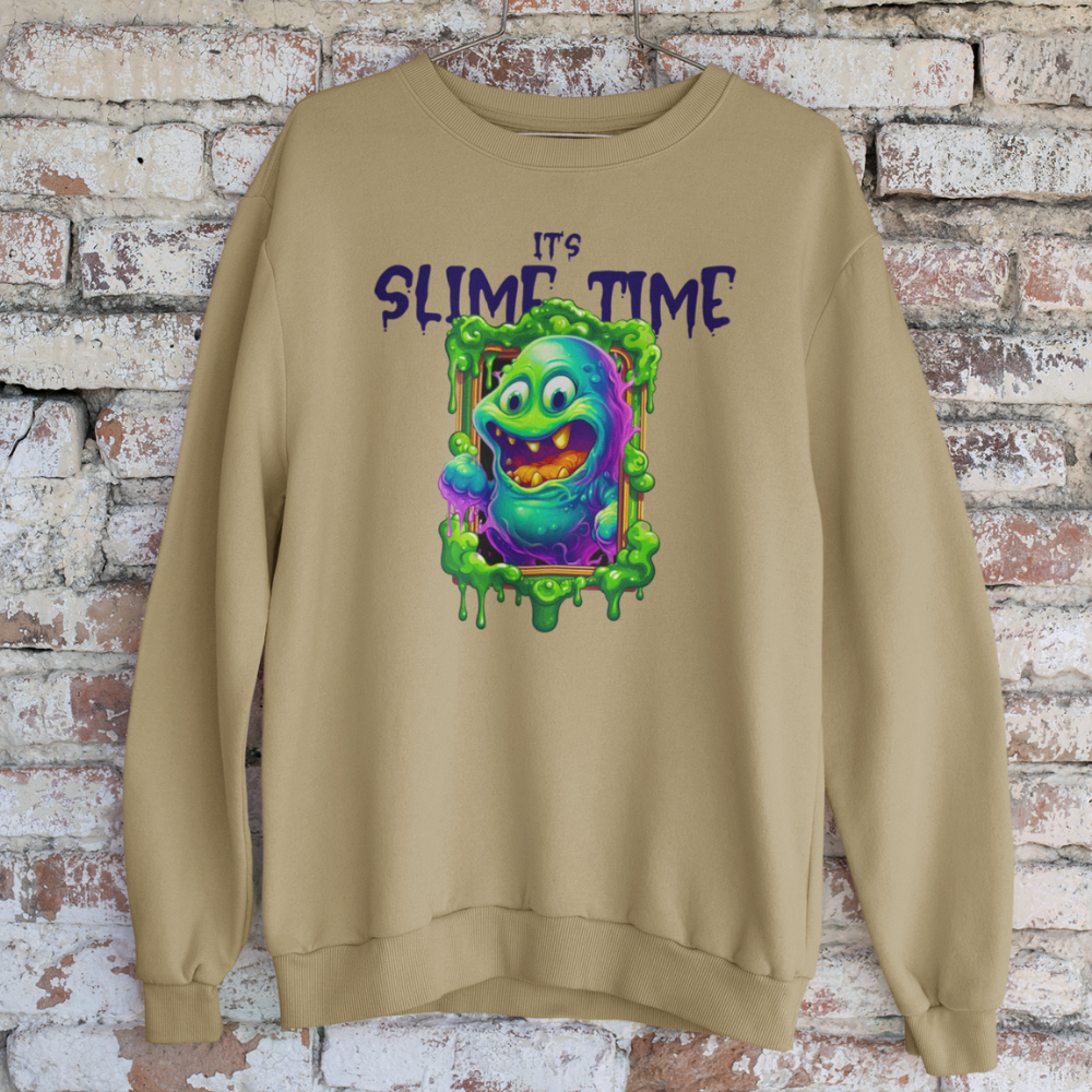 Beige sweatshirt with a colorful graphic and 'It's Slime Time' text against a brick wall background