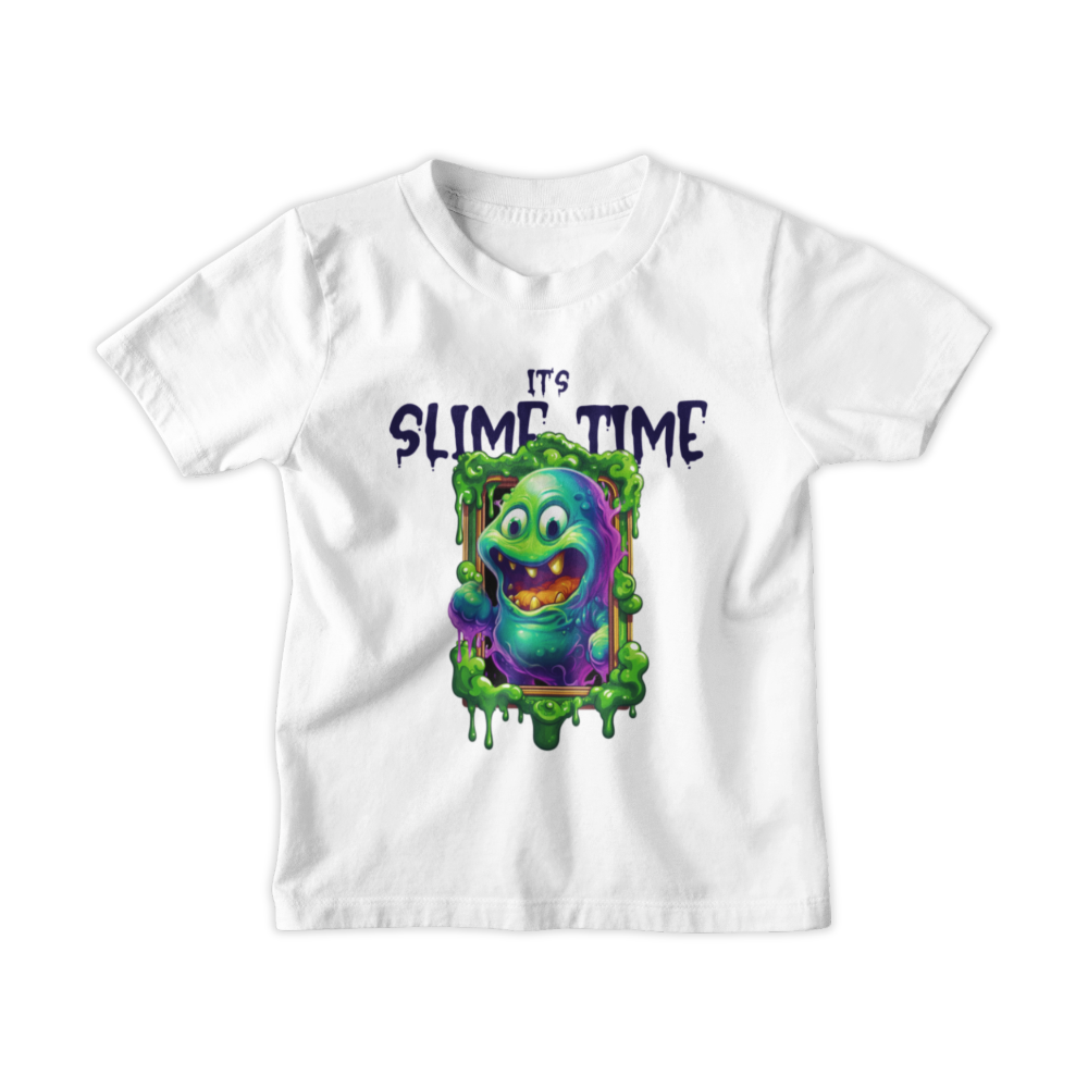 White t-shirt with a colorful graphic of a creature and 'It's Slime Time' text on a white background