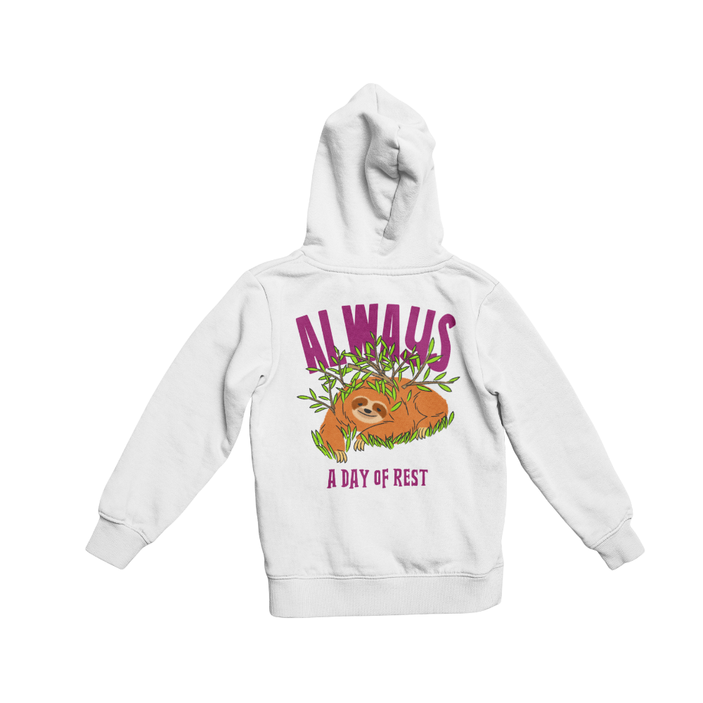 White hoodie with a sloth graphic and text on a white background