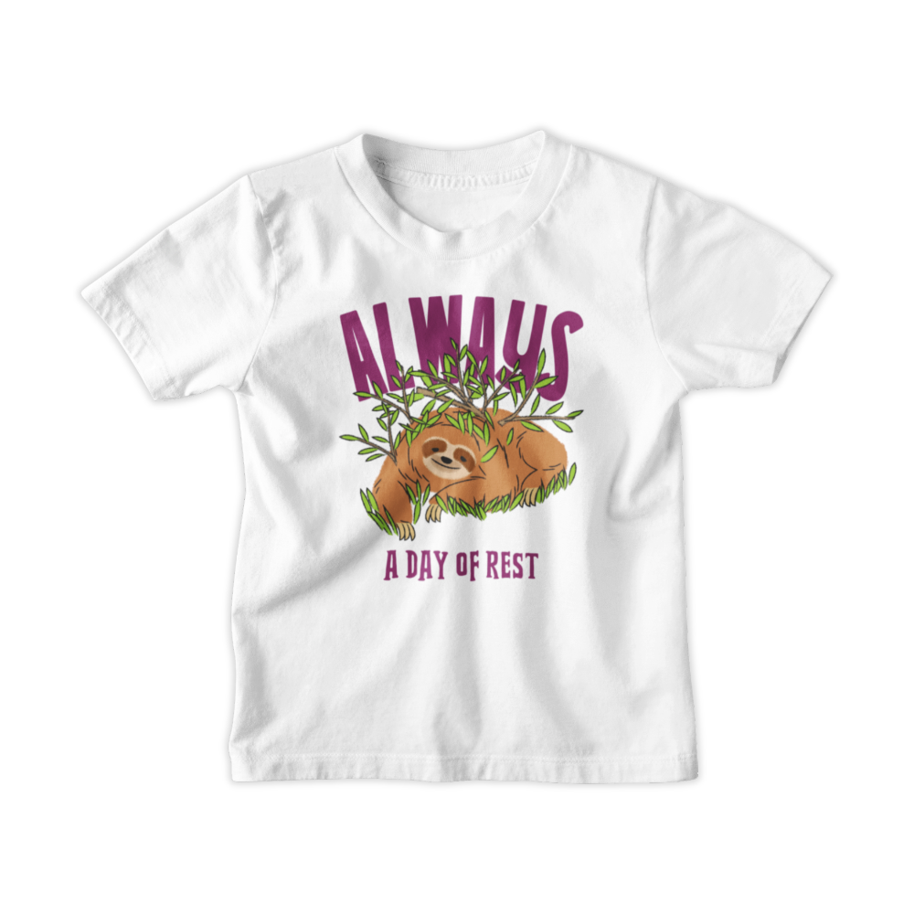 White t-shirt with a sloth graphic and text on a white background