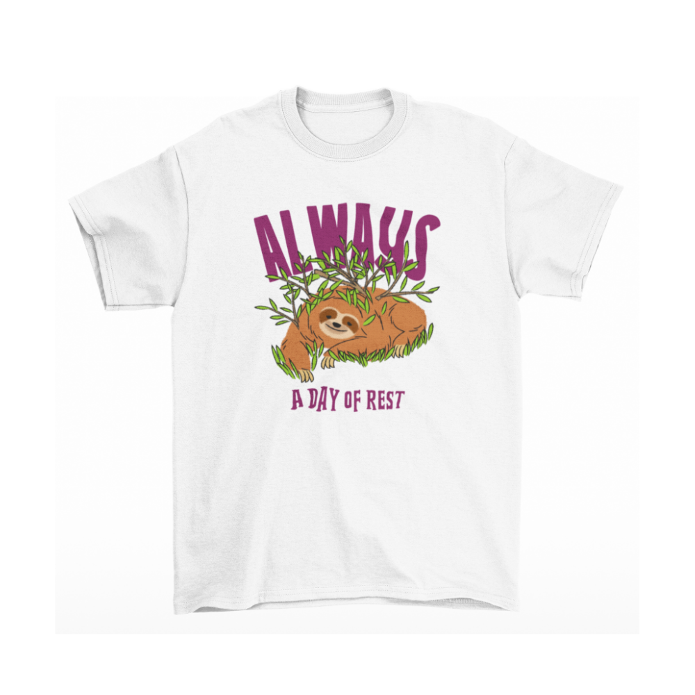White t-shirt with a sloth graphic and text on a white background