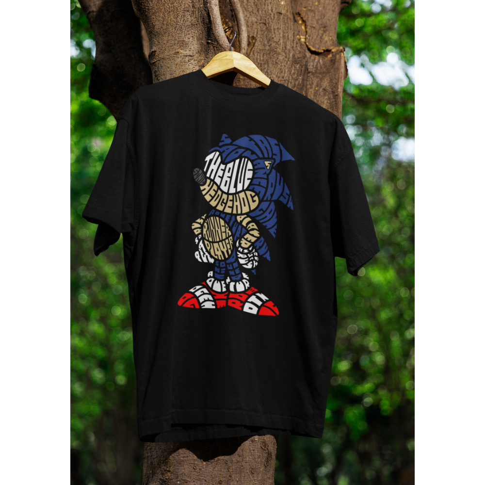 Áo thun in hình Sonic the Hedgehog bằng typography xanh đỏ trắng đầy cá tính