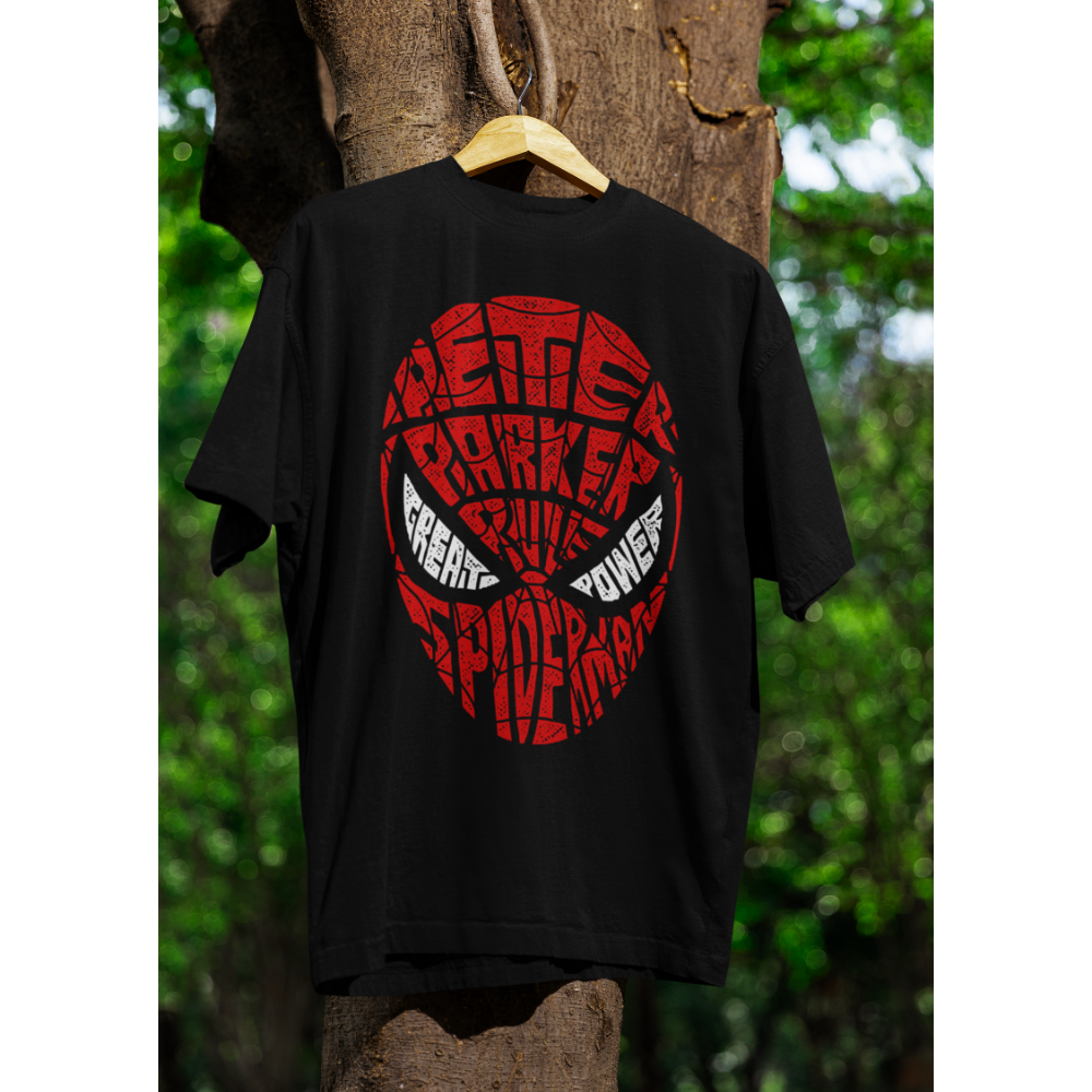 Áo thun in hình mặt nạ Spider-Man typography màu đỏ trắng đen độc đáo, nổi bật giữa nền đen