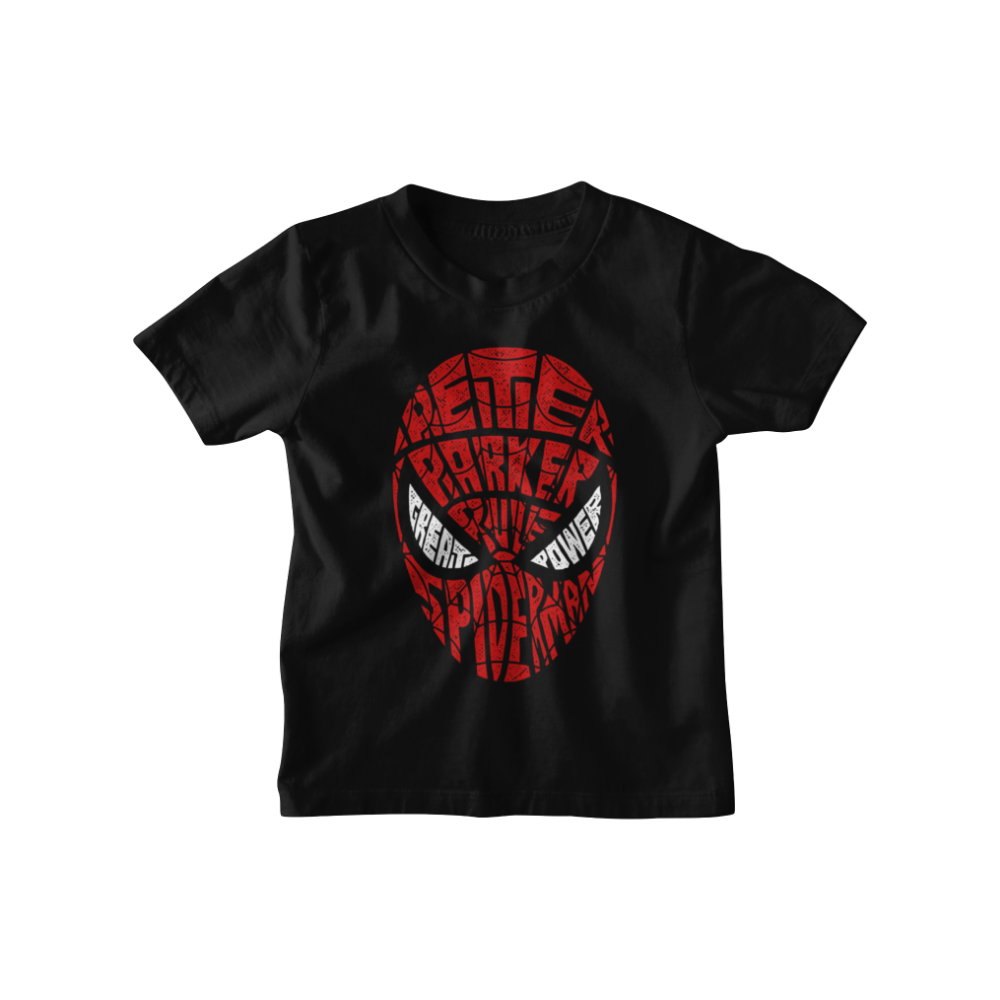 Áo thun in hình mặt nạ Spider-Man typography màu đỏ trắng đen độc đáo, nổi bật giữa nền đen