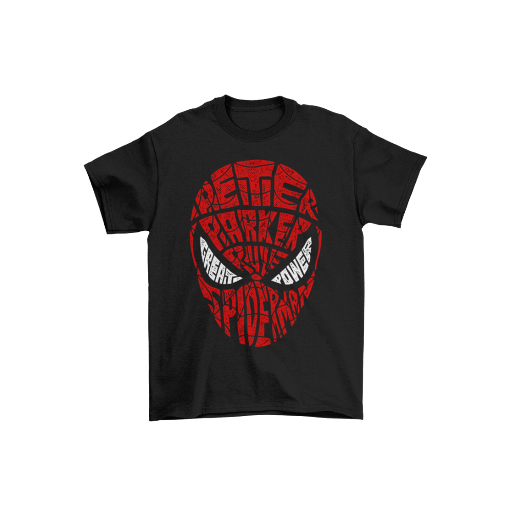 Áo thun in hình mặt nạ Spider-Man typography màu đỏ trắng đen độc đáo, nổi bật giữa nền đen