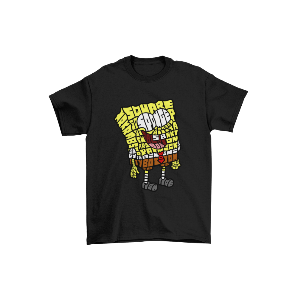 Áo thun in hình SpongeBob kiểu typography – nhân vật màu vàng với nụ cười phấn khích, đầy từ khóa sáng tạo.