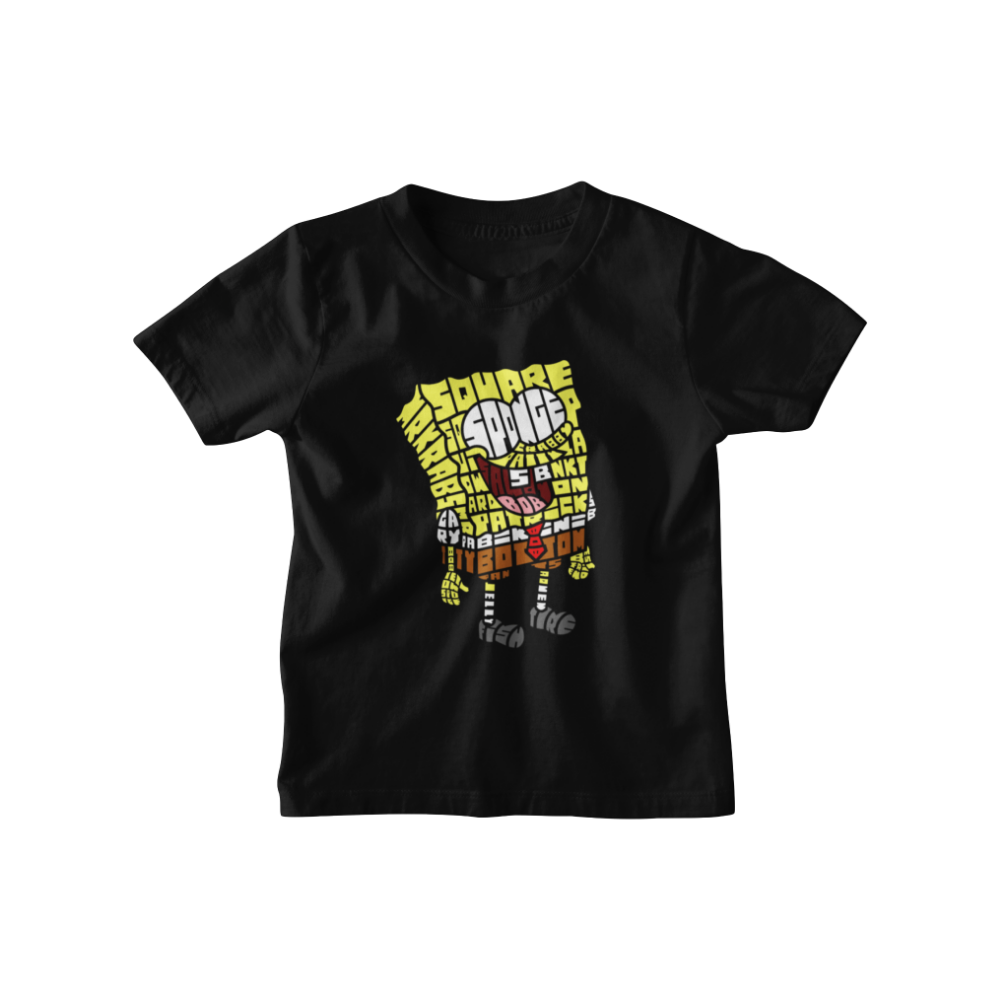 Áo thun in hình SpongeBob kiểu typography – nhân vật màu vàng với nụ cười phấn khích, đầy từ khóa sáng tạo.