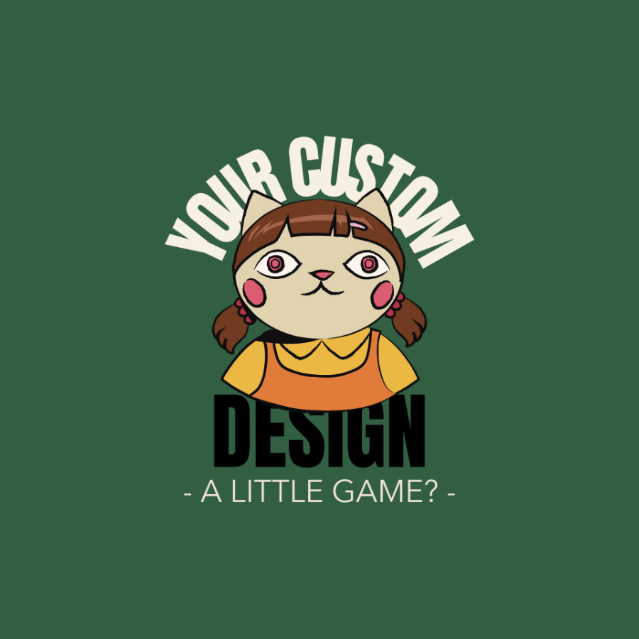 Áo thun xanh rêu in hình búp bê chibi Squid Game, dòng chữ “Do you want to play a little game?” và slogan tùy chỉnh phía trên