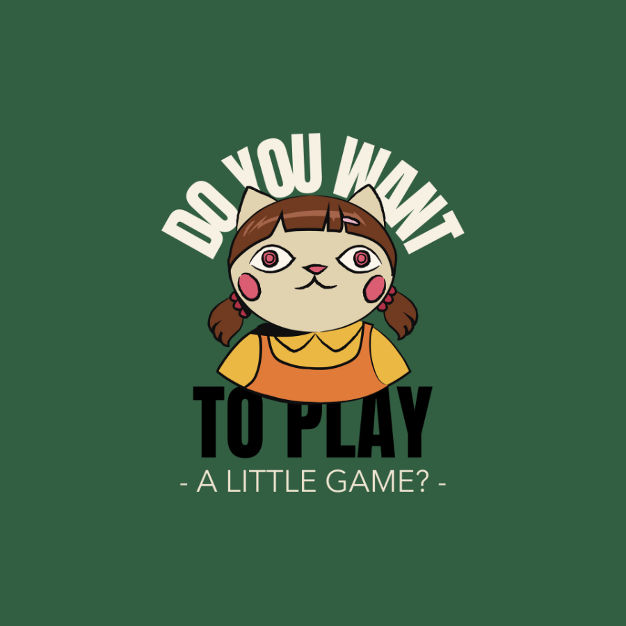 Áo thun xanh rêu in hình búp bê chibi Squid Game, dòng chữ “Do you want to play a little game?” và slogan tùy chỉnh phía trên