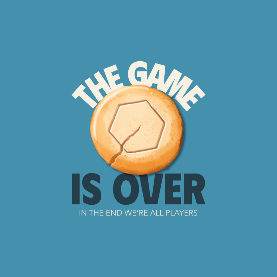 Áo thun xanh lấy cảm hứng Squid Game, in hình kẹo Dalgona bị nứt và dòng chữ tùy chỉnh phía trên, “IS OVER” phía dưới