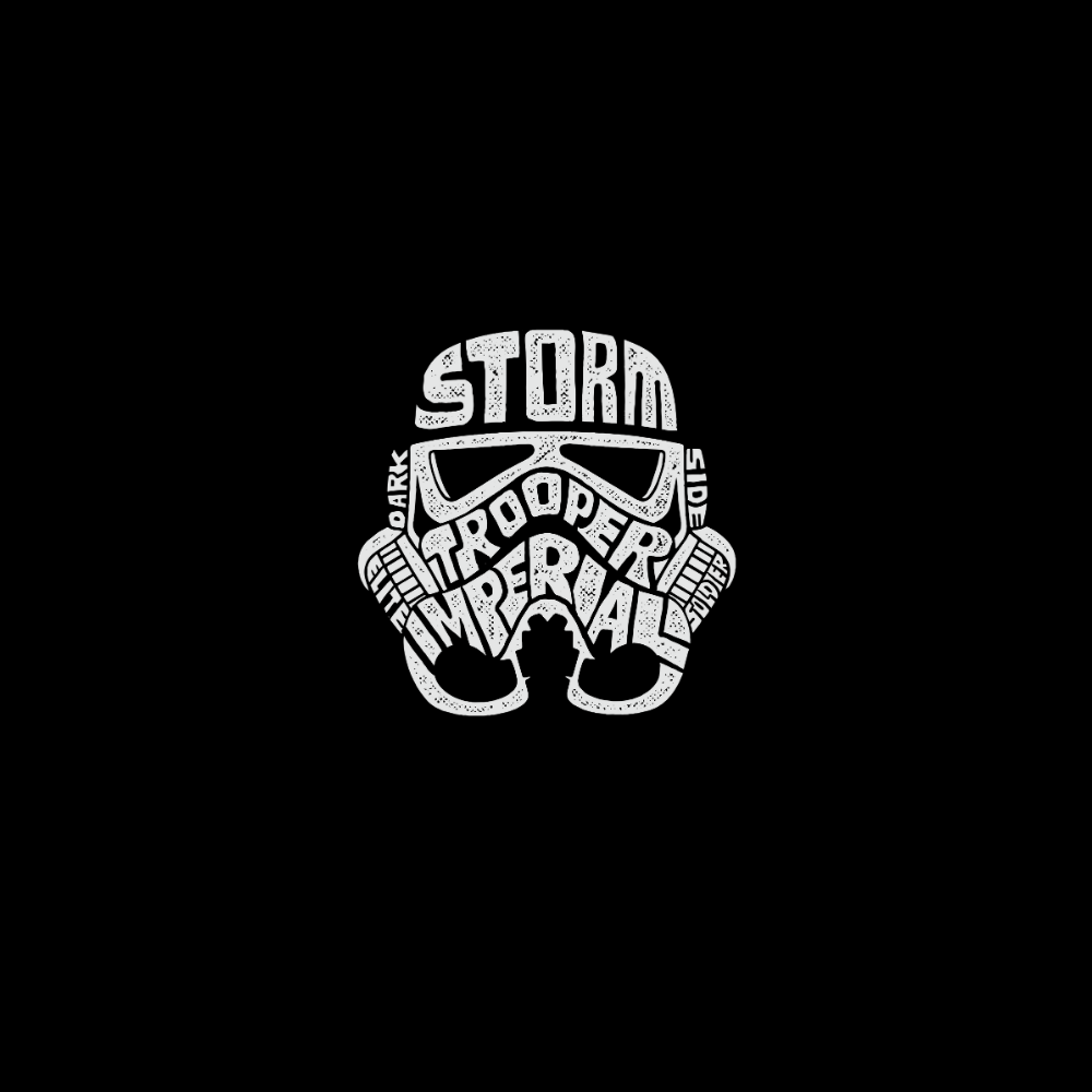White stormtrooper helmet design with text on a black background