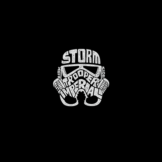 White stormtrooper helmet design with text on a black background