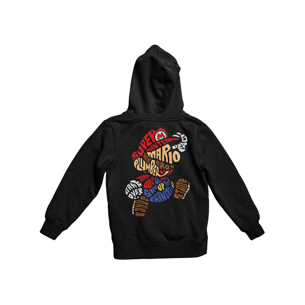 Áo thun in hình Super Mario bằng typography màu đỏ, nâu và xanh – thiết kế phong cách retro độc đáo.