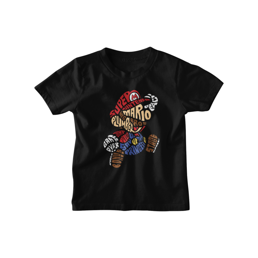 Áo thun in hình Super Mario bằng typography màu đỏ, nâu và xanh – thiết kế phong cách retro độc đáo.
