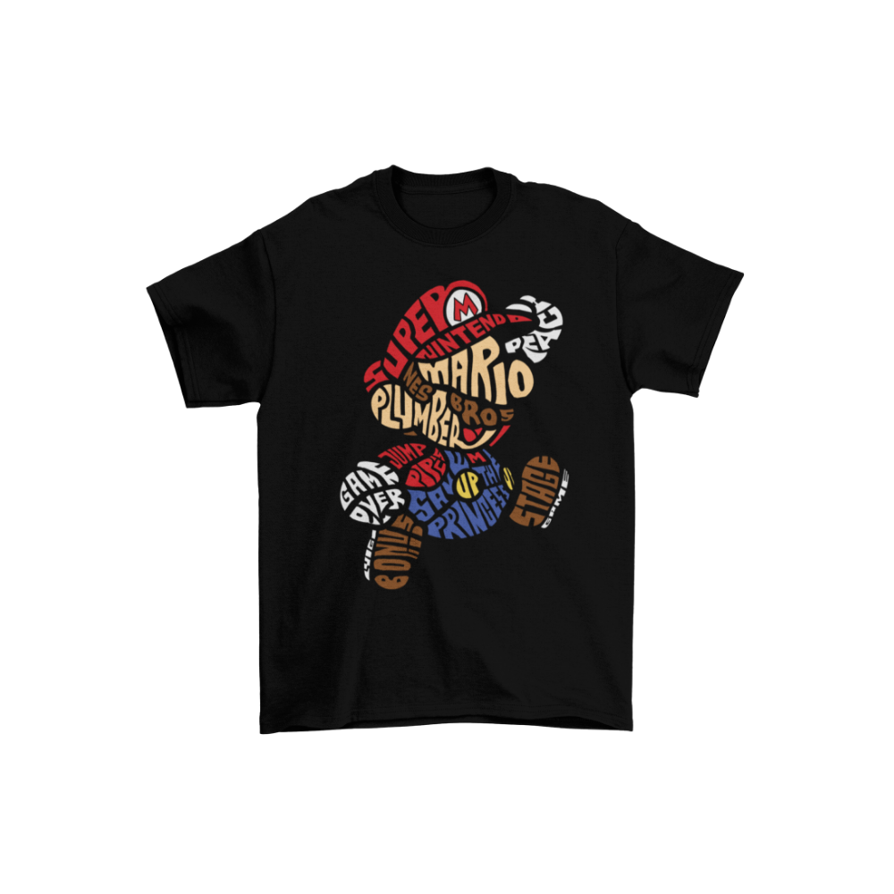 Áo thun in hình Super Mario bằng typography màu đỏ, nâu và xanh – thiết kế phong cách retro độc đáo.