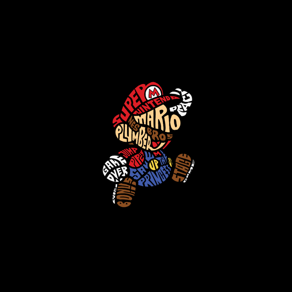 Áo thun in hình Super Mario bằng typography màu đỏ, nâu và xanh – thiết kế phong cách retro độc đáo.