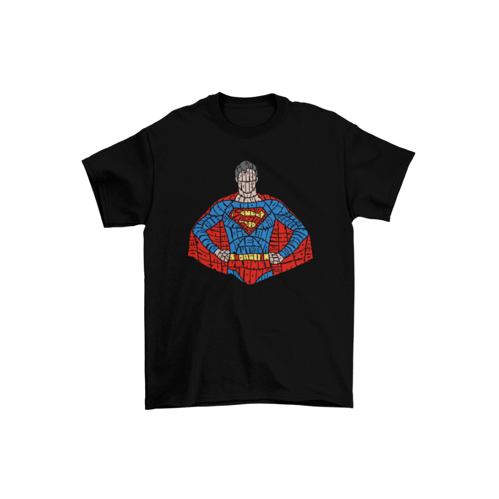 Áo thun in hình Superman bằng typography màu xanh đỏ nổi bật – phong cách siêu anh hùng.