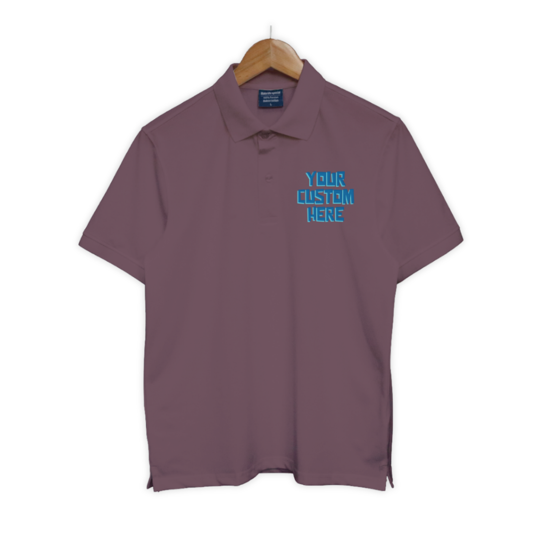 Bộ sưu tập áo polo unisex với dòng chữ tùy chỉnh “Your Custom Here” ở ngực trái, nhiều màu sắc: đen, trắng, xanh, đỏ, be, hồng, tím...