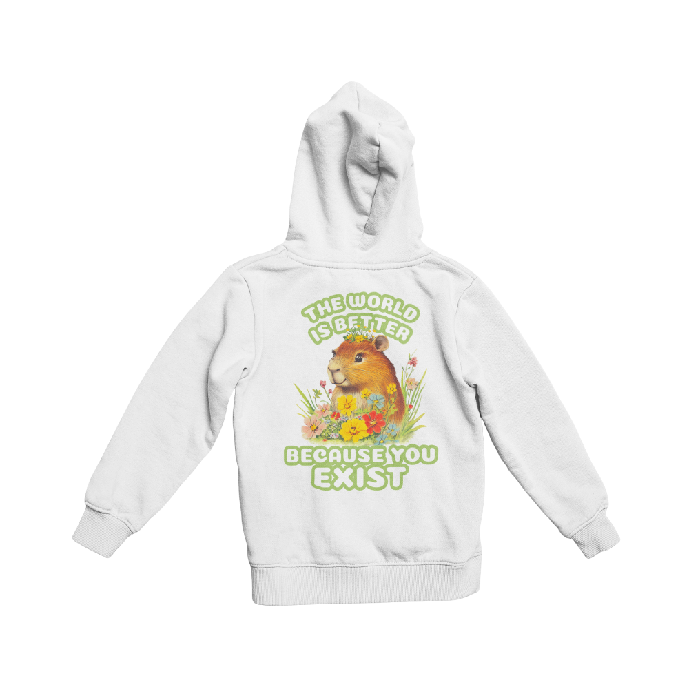 White hoodie with a graphic of a guinea pig and flowers, text 'The world is better because you exist' on a white background.