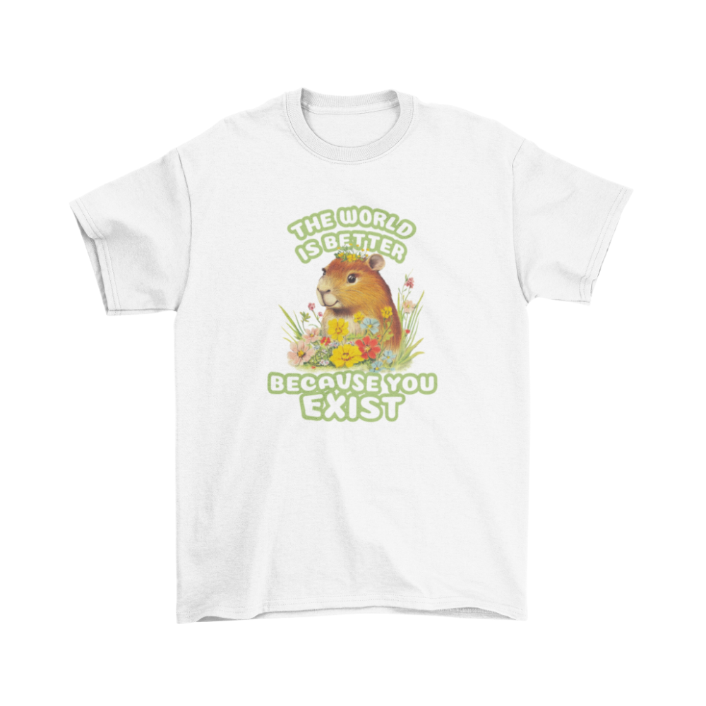 Áo thun trắng in hình capybara giữa hoa cỏ với dòng chữ The world is better because you exist