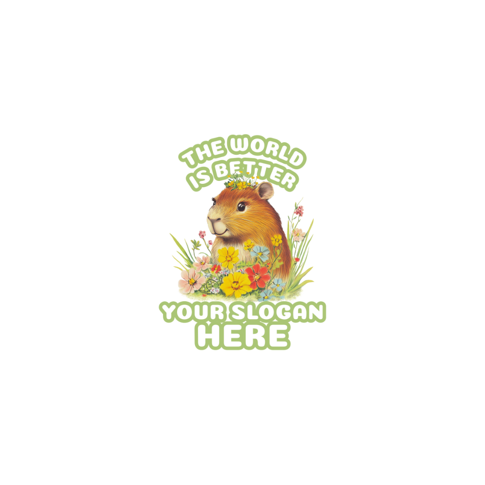 Áo thun trắng in hình capybara giữa hoa cỏ với dòng chữ The world is better because you exist