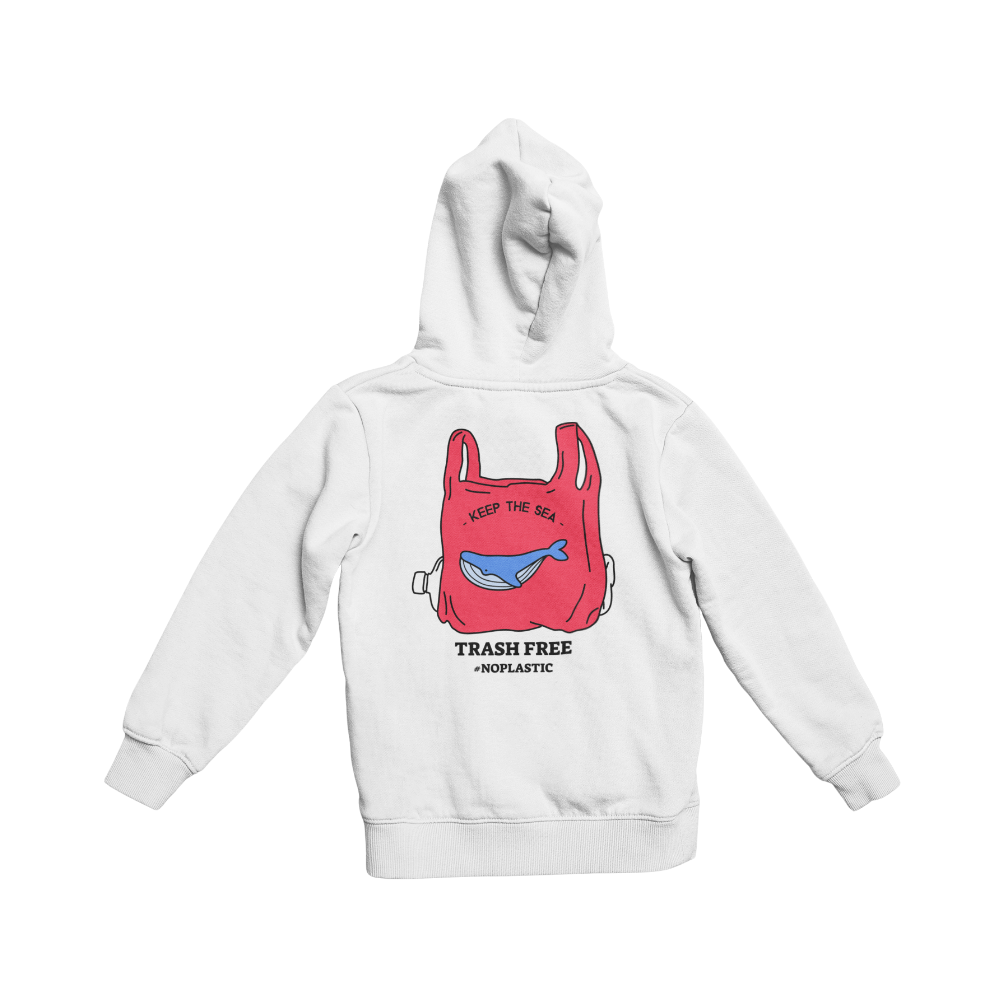 White hoodie with a red graphic of a plastic bag and whale, and text 'Keep the Sea Trash Free NoPlastic' on a white background.