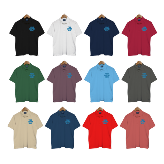 Bộ sưu tập áo polo unisex với dòng chữ tùy chỉnh “Your Custom Here” ở ngực trái, nhiều màu sắc: đen, trắng, xanh, đỏ, be, hồng, tím...