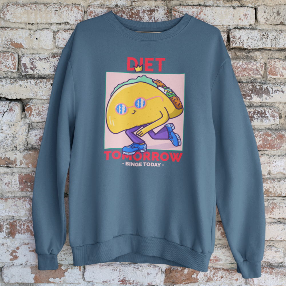 Áo thun và hoodie in hình taco hoạt hình mệt mỏi cùng dòng chữ “DIET TOMORROW – ENJOY TODAY” trên nền màu pastel hài hước