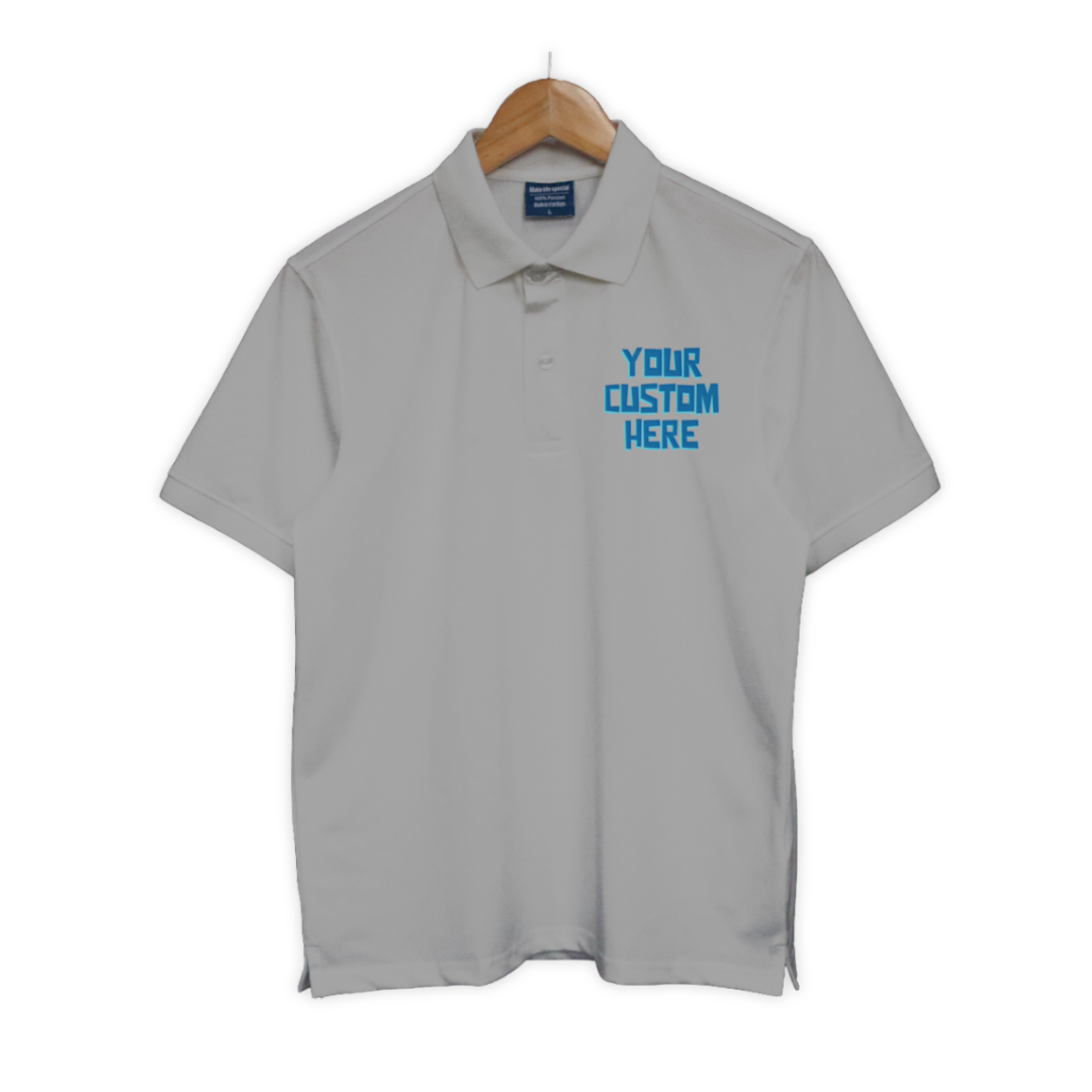 Bộ sưu tập áo polo unisex với dòng chữ tùy chỉnh “Your Custom Here” ở ngực trái, nhiều màu sắc: đen, trắng, xanh, đỏ, be, hồng, tím...