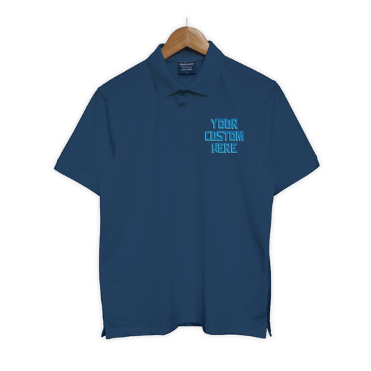 Bộ sưu tập áo polo unisex với dòng chữ tùy chỉnh “Your Custom Here” ở ngực trái, nhiều màu sắc: đen, trắng, xanh, đỏ, be, hồng, tím...