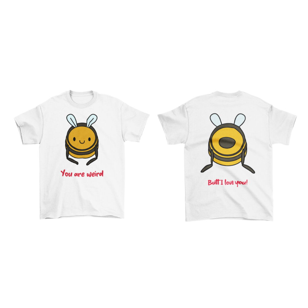 Two white t-shirts with bee illustrations and text on a white background