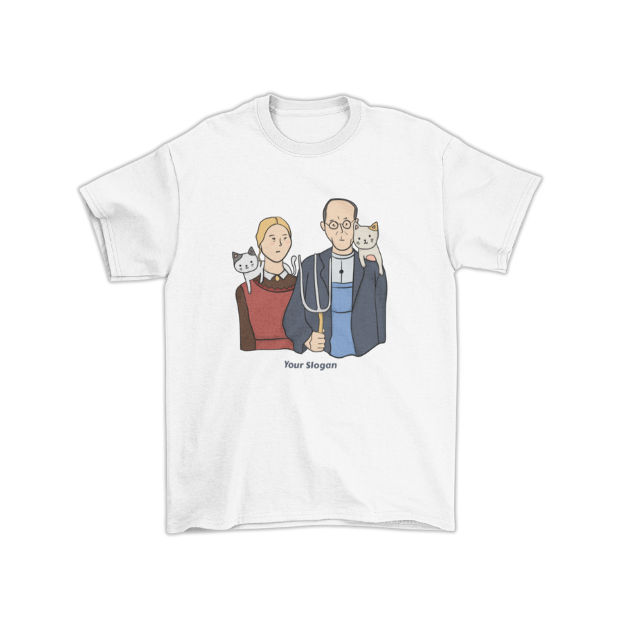 Áo thun in tranh meme đôi vợ chồng ôm mèo – kiểu American Gothic