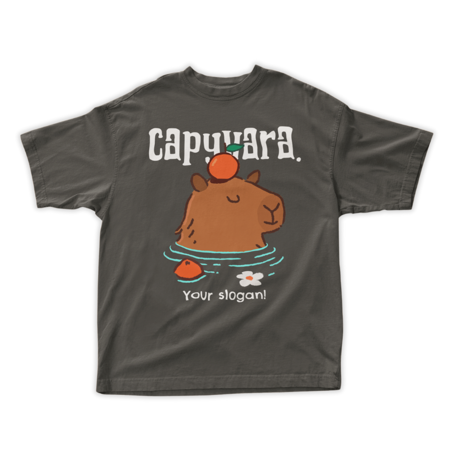 Áo thun capybara hài hước, hình vẽ capybara thư giãn trong nước, có quả cam trên đầu, thiết kế cá nhân hóa.