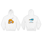 Hoodie trắng in hình cô bé ngủ phía trước và mèo xanh đang nằm ngủ cùng chữ "Zzz goodnight" ở mặt sau.