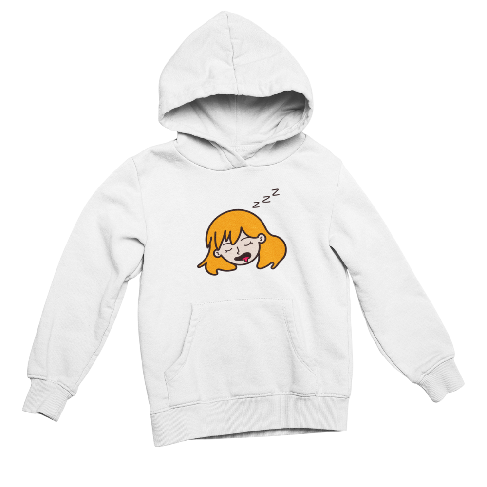 Hoodie trắng in hình cô bé ngủ phía trước và mèo xanh đang nằm ngủ cùng chữ "Zzz goodnight" ở mặt sau.