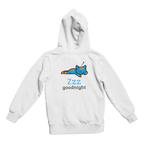 Hoodie trắng in hình cô bé ngủ phía trước và mèo xanh đang nằm ngủ cùng chữ "Zzz goodnight" ở mặt sau.