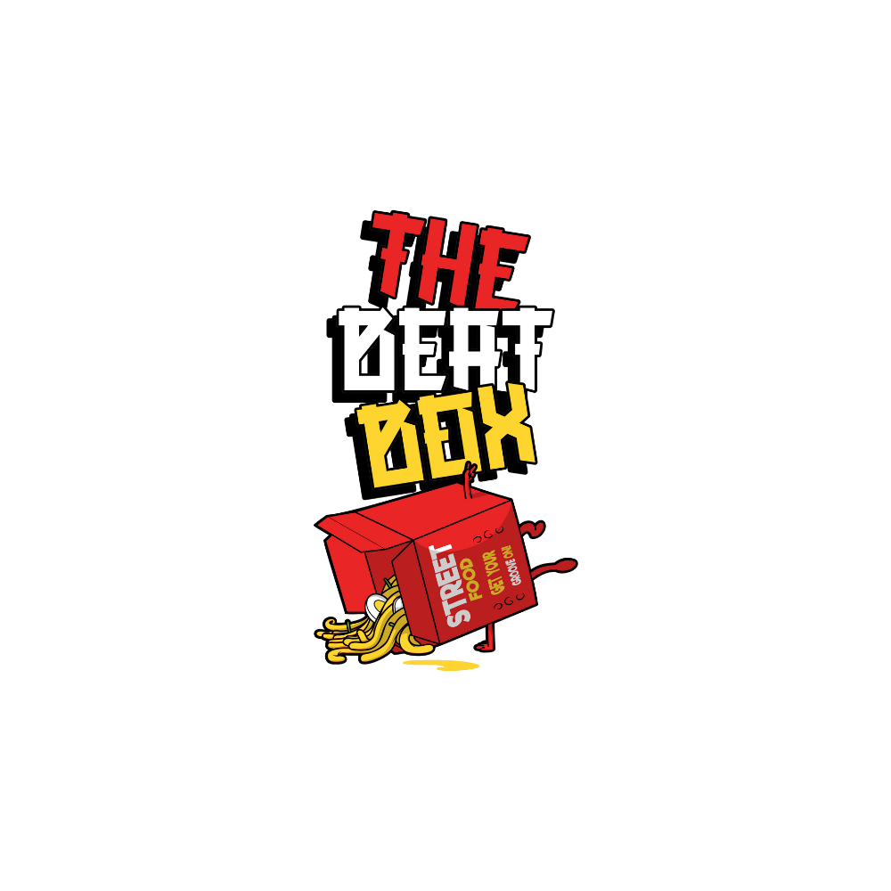 Áo thun trắng in hình hộp đồ ăn street food màu đỏ đổ ra khoai tây và sốt, kèm chữ “THE BEAT BOX” theo phong cách graffiti
