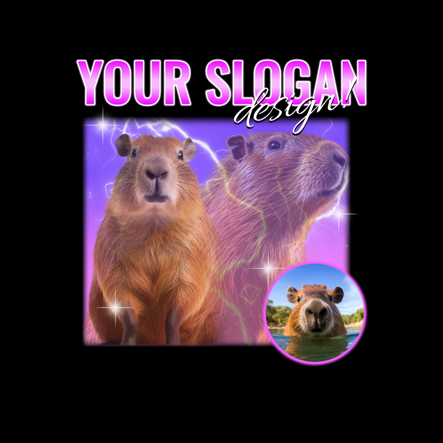 Áo thun Capybara chill, in hình capybara với hiệu ứng sáng, slogan tùy chỉnh, màu sắc neon bắt mắt.