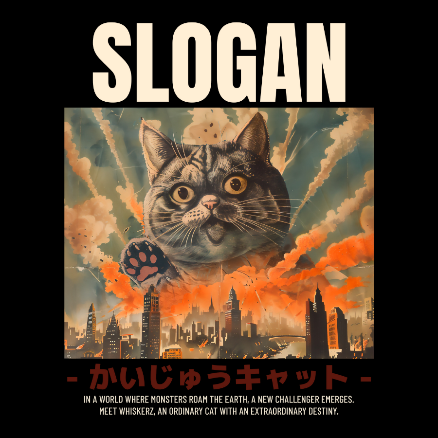 Illustration of a cat with a cityscape background and text overlay. ao-thun-meo-ngau-doc-la-genz
